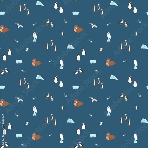 Polar animals seamless pattern. Cute Cartoon arctic animals background. Vector Illustration.