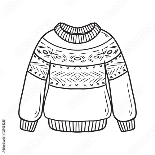 Winter cozy warm knitted sweater with ornament isolated on white background. Hand drawn vector sketch illustration in doodle engraved vintage line art style. Winter clothes design.