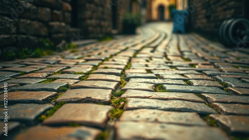 Cobblestone Pathway with Sprouting Grass, a Rustic Street Scene