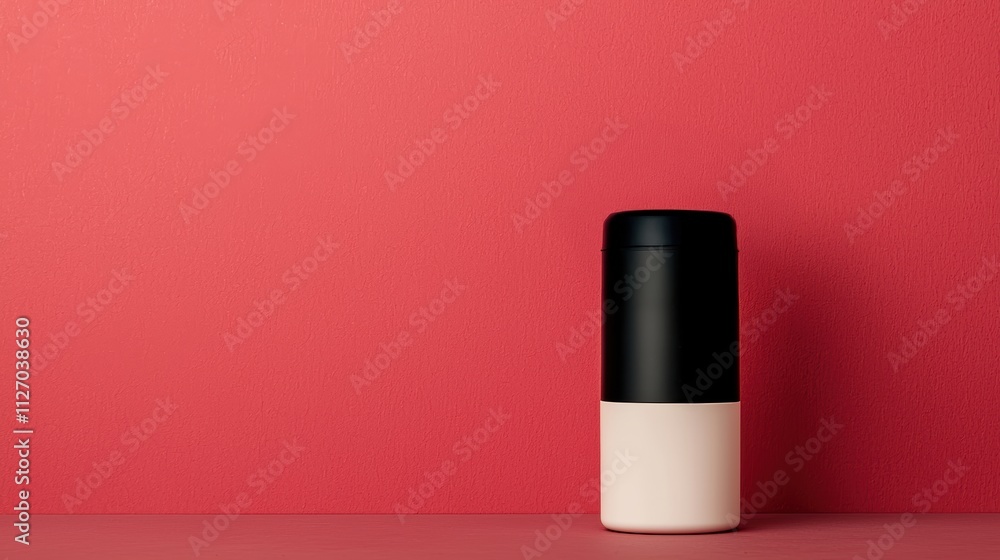 Modern reusable travel mug standing on red background Modern reusable travel mug standing on red background