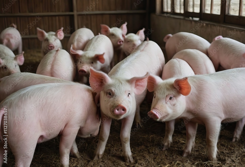 A large herd of pigs is standing among the dirt, gazing at the camera A large herd of pigs is standing among the dirt, gazing at the camera