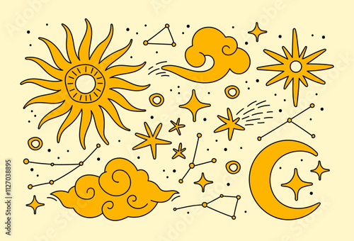 Astrological sky elements retro vintage style set, clipart. Space, sun, cloud, star, comet, moon, constellation