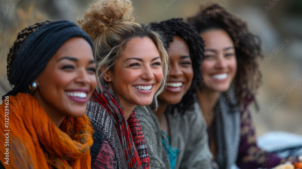Five women sit together outdoors, sharing laughter and smiles, surrounded by a serene landscape, capturing the essence of friendship and connection Five women sit together outdoors, sharing laughter and smiles, surrounded by a serene landscape, capturing the essence of friendship and connection