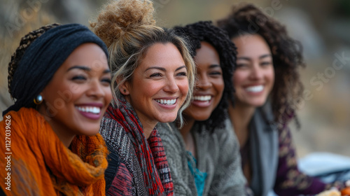 Five women sit together outdoors, sharing laughter and smiles, surrounded by a serene landscape, capturing the essence of friendship and connection
