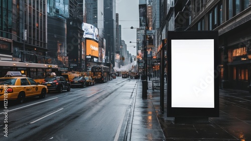 Blank Billboard on Rainy NYC Street Vertical Composition, Urban Landscape, Mockup Ad Space, Times Square Vibe Keywords Advertising, Mockup