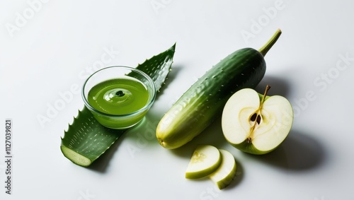 Aloe vera leaves, green apple and cocumber on the white backround. Health, cosmetics, natural medicine photo