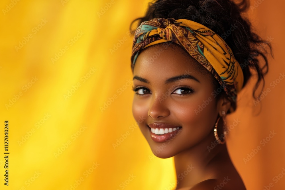 Naklejka premium Bright yellow backdrops and colorful headban outfits highlight individuals smiling confidently african black girl, expressing warmth and individuality.