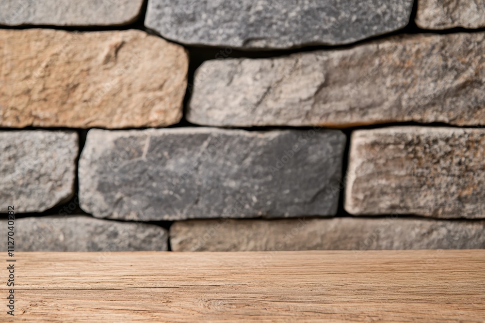 Empty rustic wooden table surface with stone wall background Empty rustic wooden table surface with stone wall background