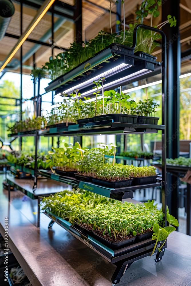 Obraz premium Modern greenhouse interior, stacked vertical planters with vibrant microgreens, natural sunlight