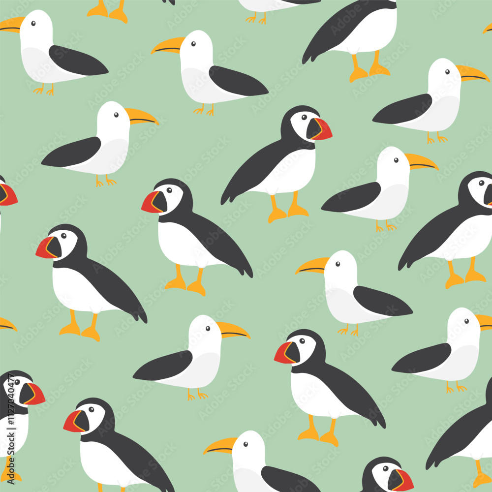 Puffin and Seagull seamless pattern. Cute Cartoon arctic animals background. Vector Illustration. Puffin and Seagull seamless pattern. Cute Cartoon arctic animals background. Vector Illustration.