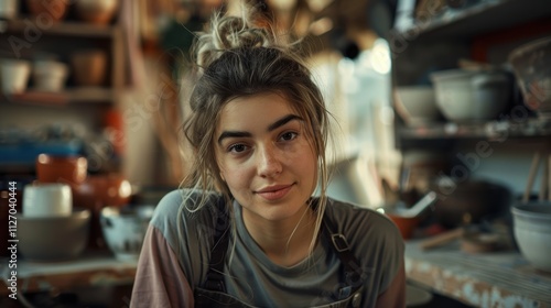 Portrait of a woman in a pottery workshop, prepared to begin her artistic career. A proud and happy female potter running her own ceramics business