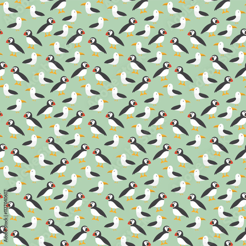 Puffin and Seagull seamless pattern. Cute Cartoon arctic animals background. Vector Illustration.
