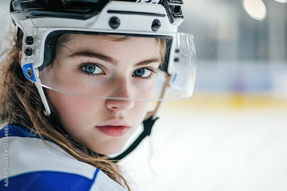 A girl in an ice hockey uniform is seen in close-up, her intense focus standing out against the softly blurred ice rink behind her. A girl in an ice hockey uniform is seen in close-up, her intense focus standing out against the softly blurred ice rink behind her.