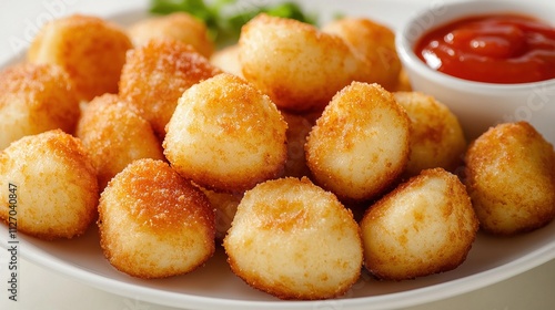 Close-up of gnocchi dumplings on a modern white dish, golden-brown crispy edges from light pan-frying, surrounded by a drizzle of tomato sauce.