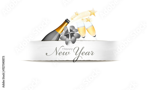 Neujahrskarte 2025 mit Banderole und Sektgläser