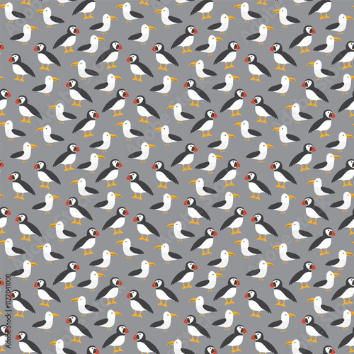 Puffin and Seagull seamless pattern. Cute Cartoon arctic animals background. Vector Illustration.