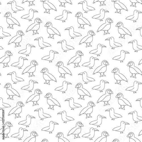 Puffin and Seagull seamless pattern. Cute Cartoon arctic animals background. Vector Illustration.