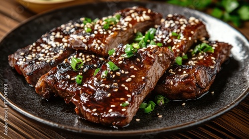 A plate of meat with sesame seeds and onions on top