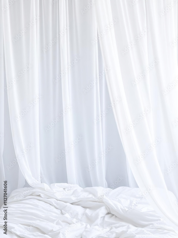 White bed with a flowing sheer curtain in the background, white, curtain White bed with a flowing sheer curtain in the background, white, curtain