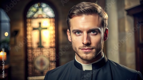 Handsome young catholic preacher in the church in rays of the sun photo