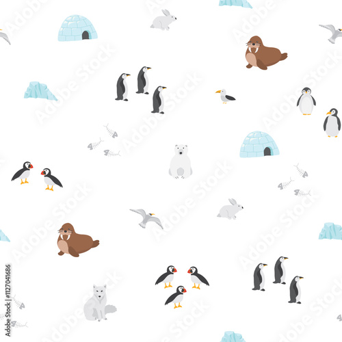 Polar animals seamless pattern. Cute Cartoon arctic animals background. Vector Illustration.