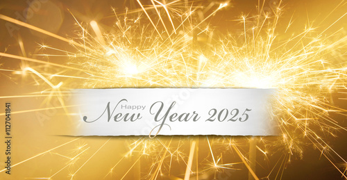 Neujahrskarte 2025 mit Banderole und Sektgläser