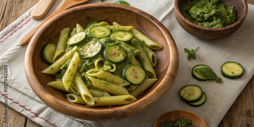 A rustic wooden bowl overflowing with penne pasta tossed in a vibrant green sauce, adorned with fresh zucchini slices and a hint of basil A rustic wooden bowl overflowing with penne pasta tossed in a vibrant green sauce, adorned with fresh zucchini slices and a hint of basil
