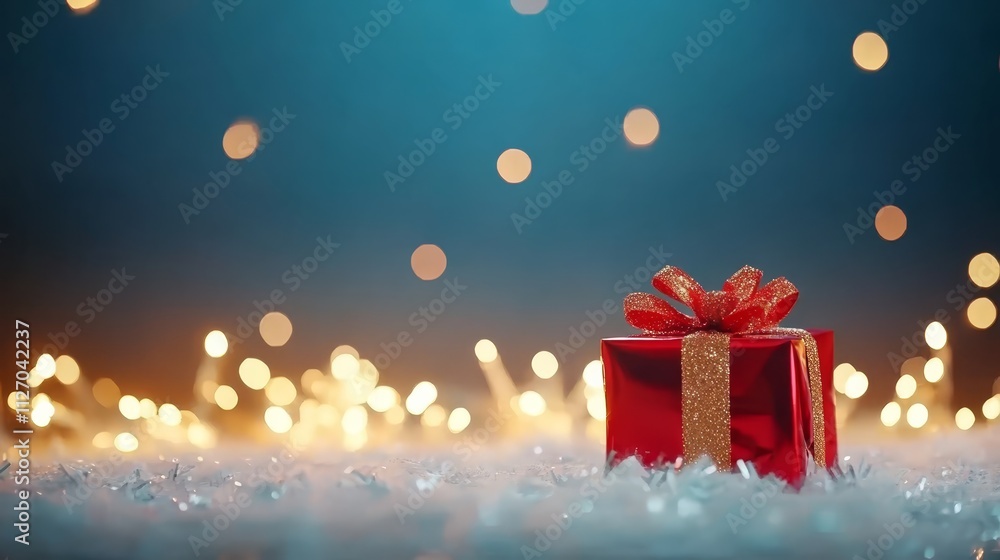 Red gift box with golden bow on snowy winter holiday background Red gift box with golden bow on snowy winter holiday background