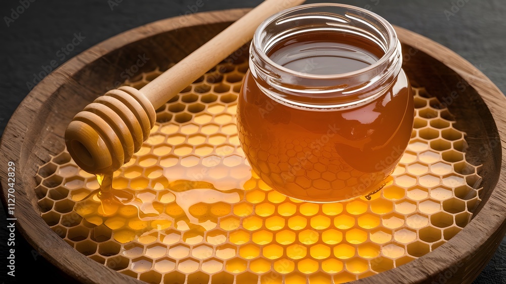 Honey jar with glowing honeycomb and honey dipper dripping streams Honey jar with glowing honeycomb and honey dipper dripping streams