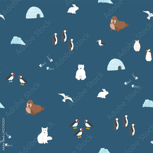 Polar animals seamless pattern. Cute Cartoon arctic animals background. Vector Illustration.