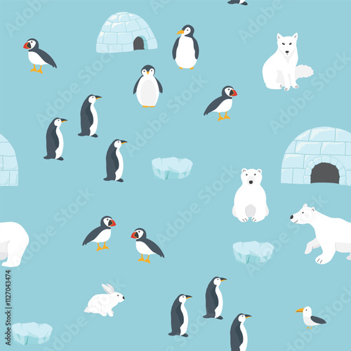 Polar animals seamless pattern. Cute Cartoon arctic animals background. Vector Illustration.
