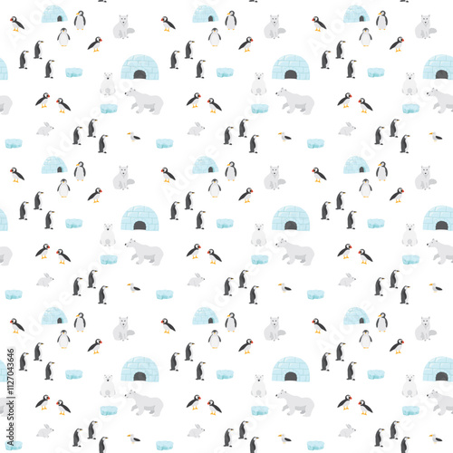 Polar animals seamless pattern. Cute Cartoon arctic animals background. Vector Illustration.