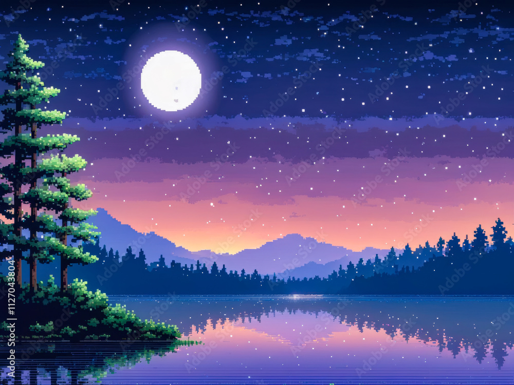 Pixel Art Night Lake Landscape Pixel Art Night Lake Landscape