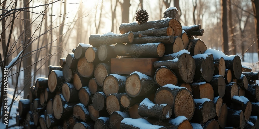 Obraz premium Winter woodland scene with a neatly stacked pile of snow-covered logs and a pine cone on top