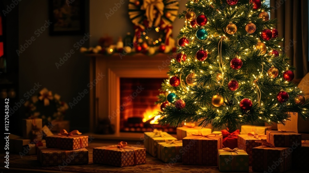 A Warm and Festive Christmas Eve Scene with a Decorated Tree and Presents A Warm and Festive Christmas Eve Scene with a Decorated Tree and Presents