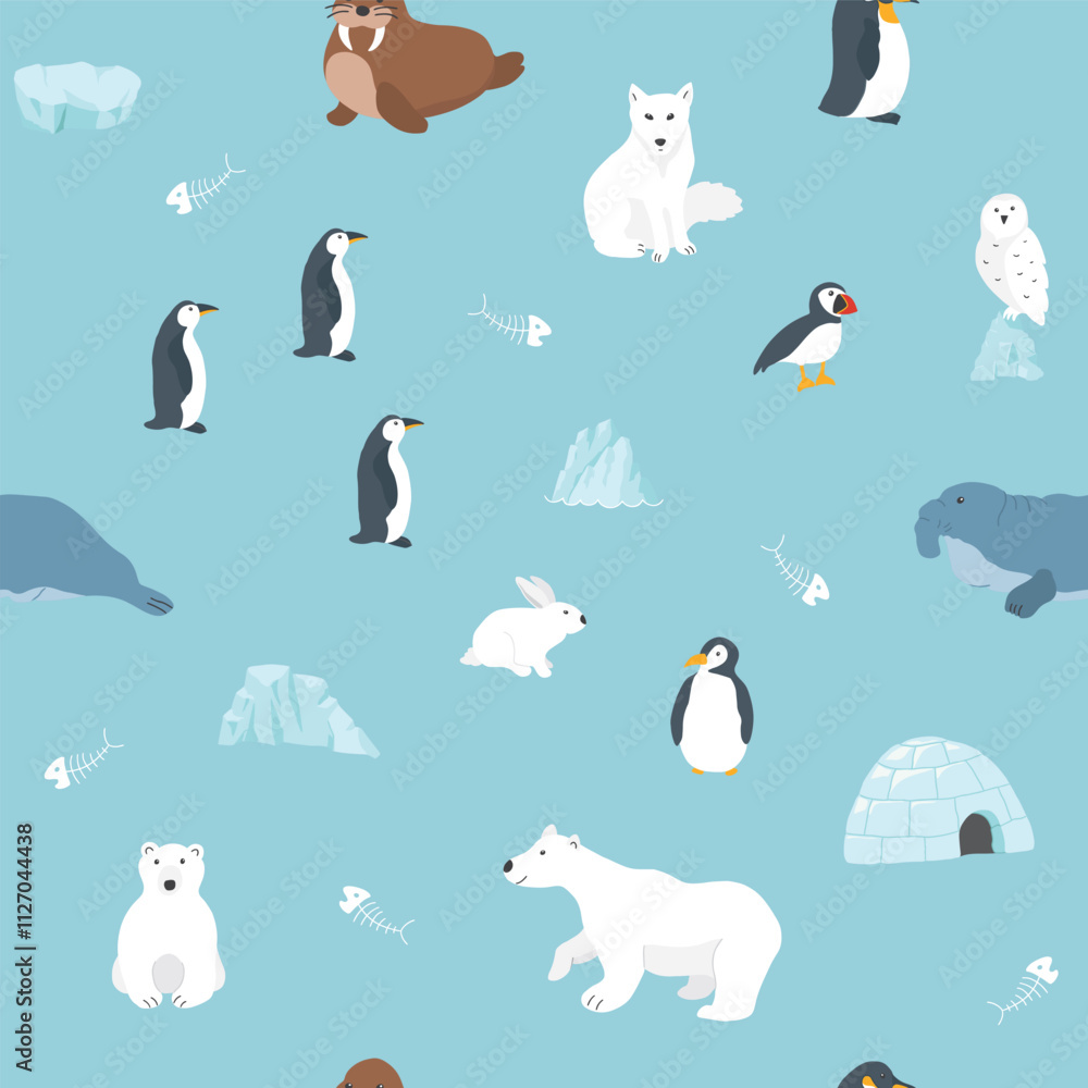 Obraz premium Polar animals seamless pattern. Cute Cartoon arctic animals background. Vector Illustration.