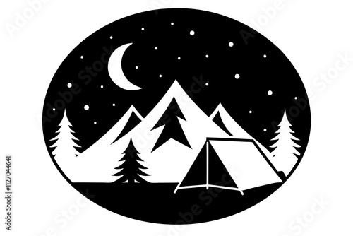 Silhouette of Outdoor Camping Adventure with Mountains and Tent.