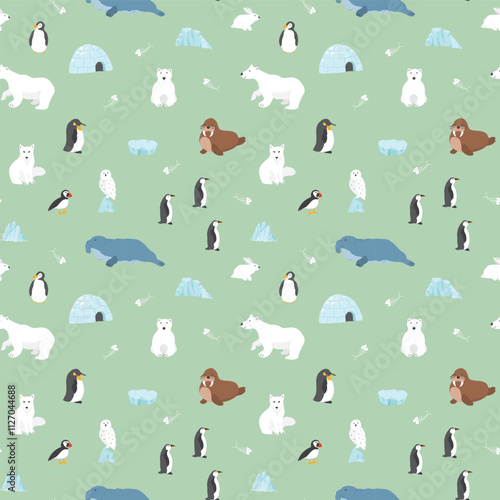 Polar animals seamless pattern. Cute Cartoon arctic animals background. Vector Illustration.