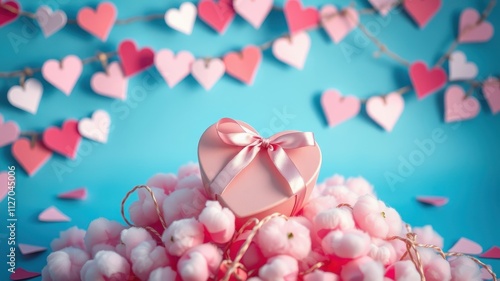 Heart-shaped gift nestled in a fluffy cloud of cotton, adorned with a string of hearts.