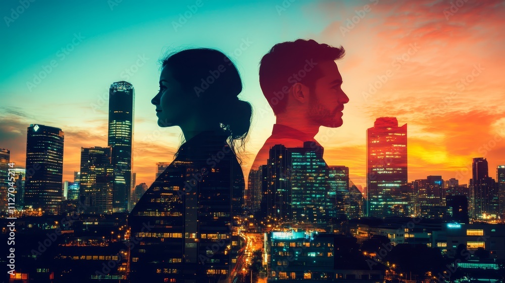 Woman admiring cityscape's vibrant skyline, a moment of urban contemplation. Woman admiring cityscape's vibrant skyline, a moment of urban contemplation.