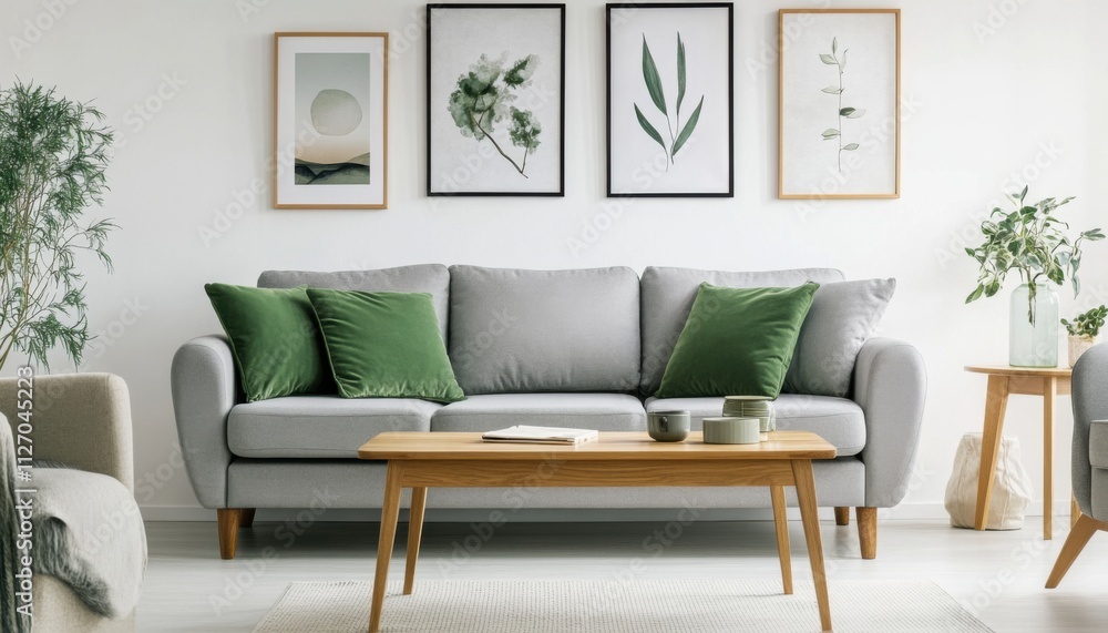 Modern Living Room Interior Design Gray Sofa Green Pillows Wooden Coffee Table Botanical Prints Modern Living Room Interior Design Gray Sofa Green Pillows Wooden Coffee Table Botanical Prints
