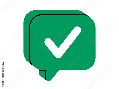 Hand drawn cute cartoon illustration of speech bubble with check mark. Flat vector positive answer in doodle style. Correct choice. Social media icon. Accept or confirm. Verification tick. Isolated.