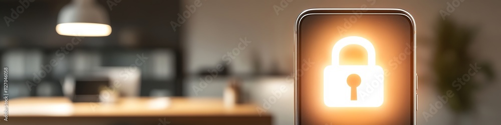 glowing lock icon displayed on smartphone screen with blurred home office in background glowing lock icon displayed on smartphone screen with blurred home office in background
