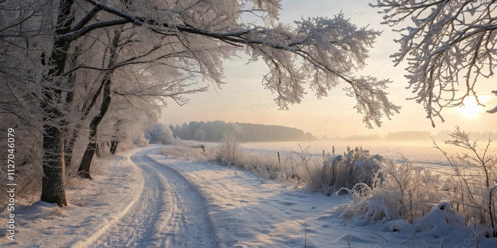 A snow-covered path winds through a frosted forest as the sun rises, casting a warm glow over the pristine landscape. A snow-covered path winds through a frosted forest as the sun rises, casting a warm glow over the pristine landscape.