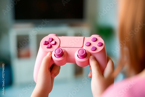 Young woman playing her favorite video game with a pink controller. photo