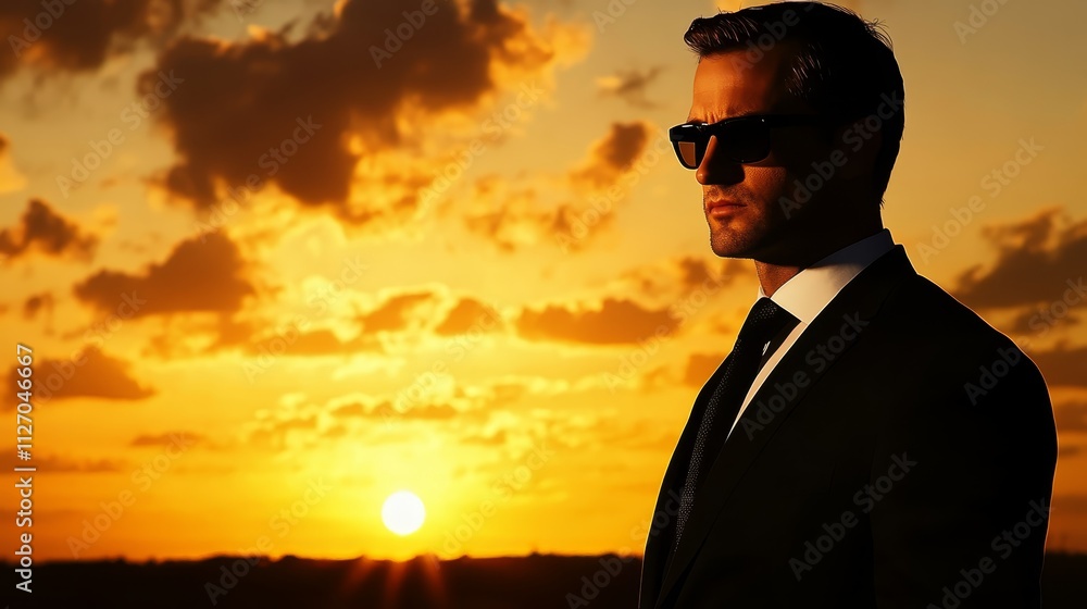 Stylish man in suit and sunglasses observing a breathtaking sunset over the ocean Stylish man in suit and sunglasses observing a breathtaking sunset over the ocean