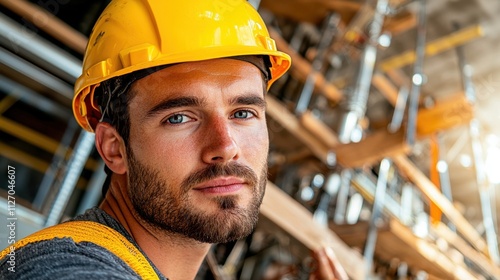 The construction worker, clad in a bright yellow safety helmet, carefully inspects the work being done at the construction site photo