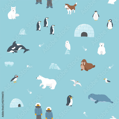 Polar animals seamless pattern. Cute Cartoon arctic animals background. Vector Illustration.