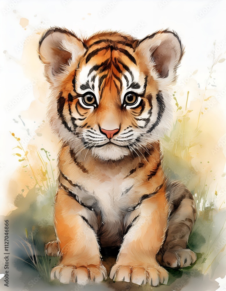 Naklejka premium A charming watercolor painting of a baby tiger cub. The image is soft and cute, showcasing the tiger's adorable features.
