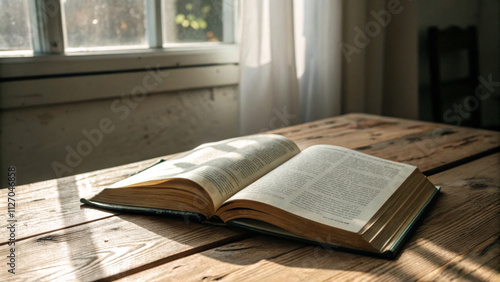 Old opened book on the table in light frpm the window. Opened Bible lying on the table photo